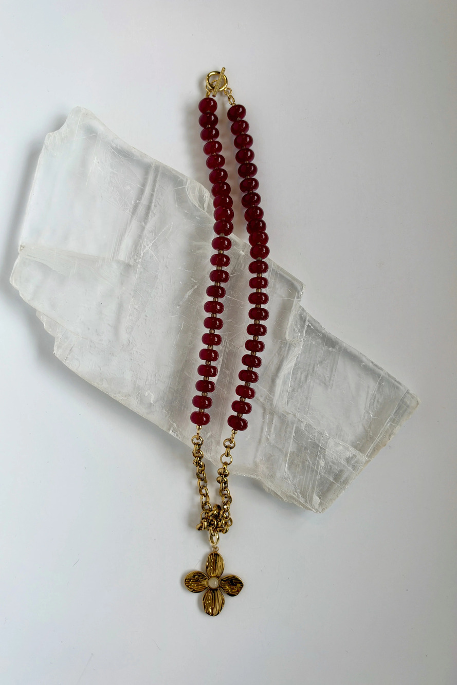 Carmina – Red Jade Necklace with Removable Flower Pendant 22in - Picture 2 of 8